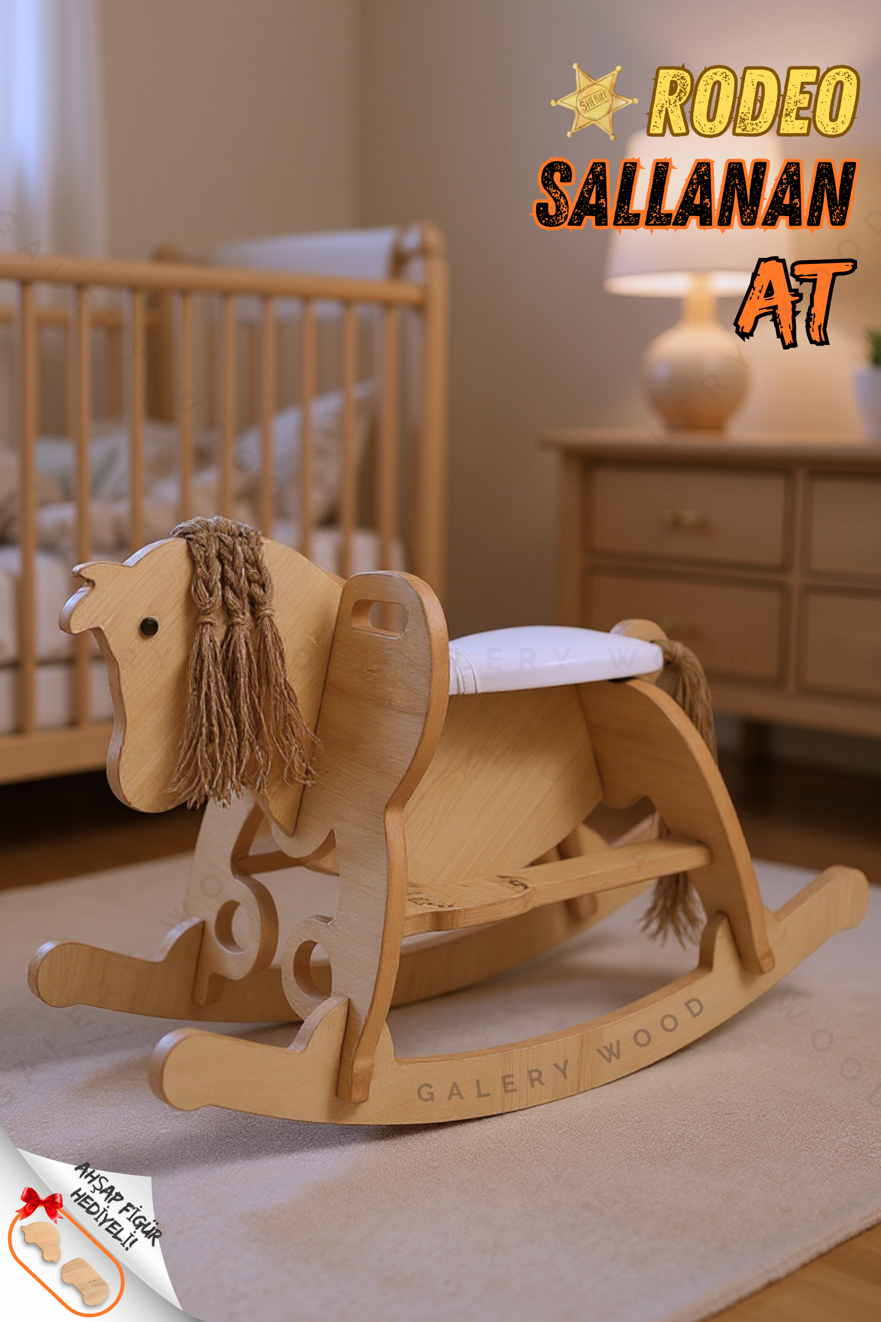 Galery Wood® Ahşap Sallanan At-Deri Koltuklu-Ayak Destekli