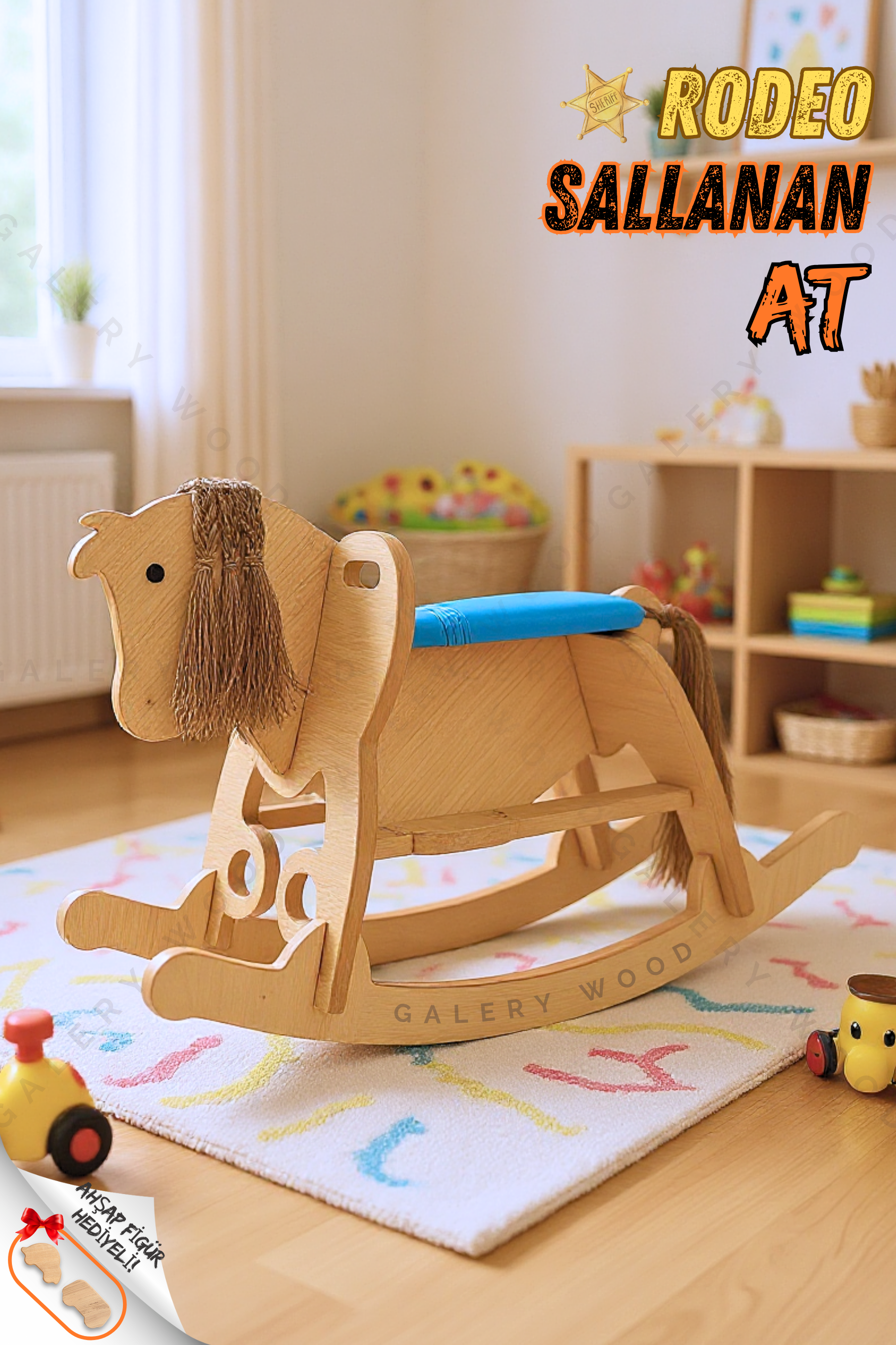 Galery Wood® Ahşap Sallanan At-Deri Koltuklu-Ayak Destekli
