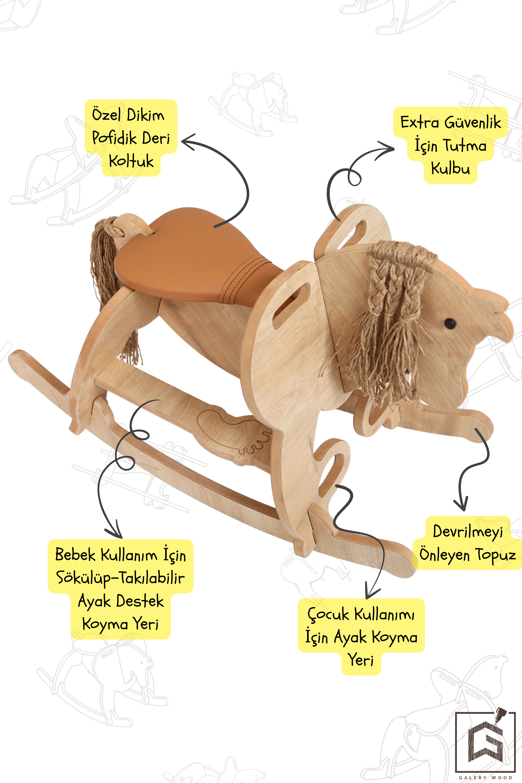 Galery Wood® Ahşap Sallanan At-Deri Koltuklu-Ayak Destekli