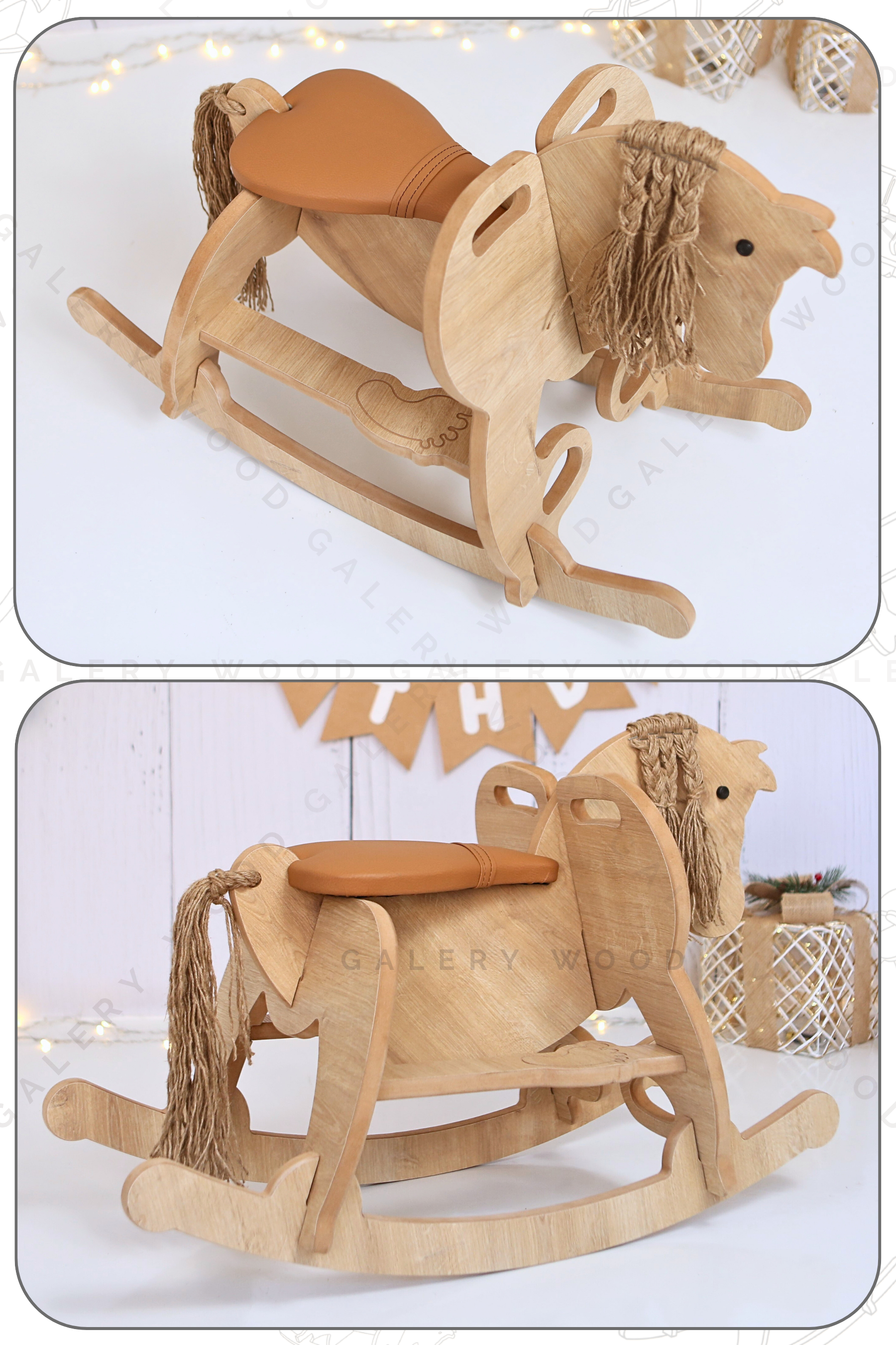 Galery Wood® Ahşap Sallanan At-Deri Koltuklu-Ayak Destekli