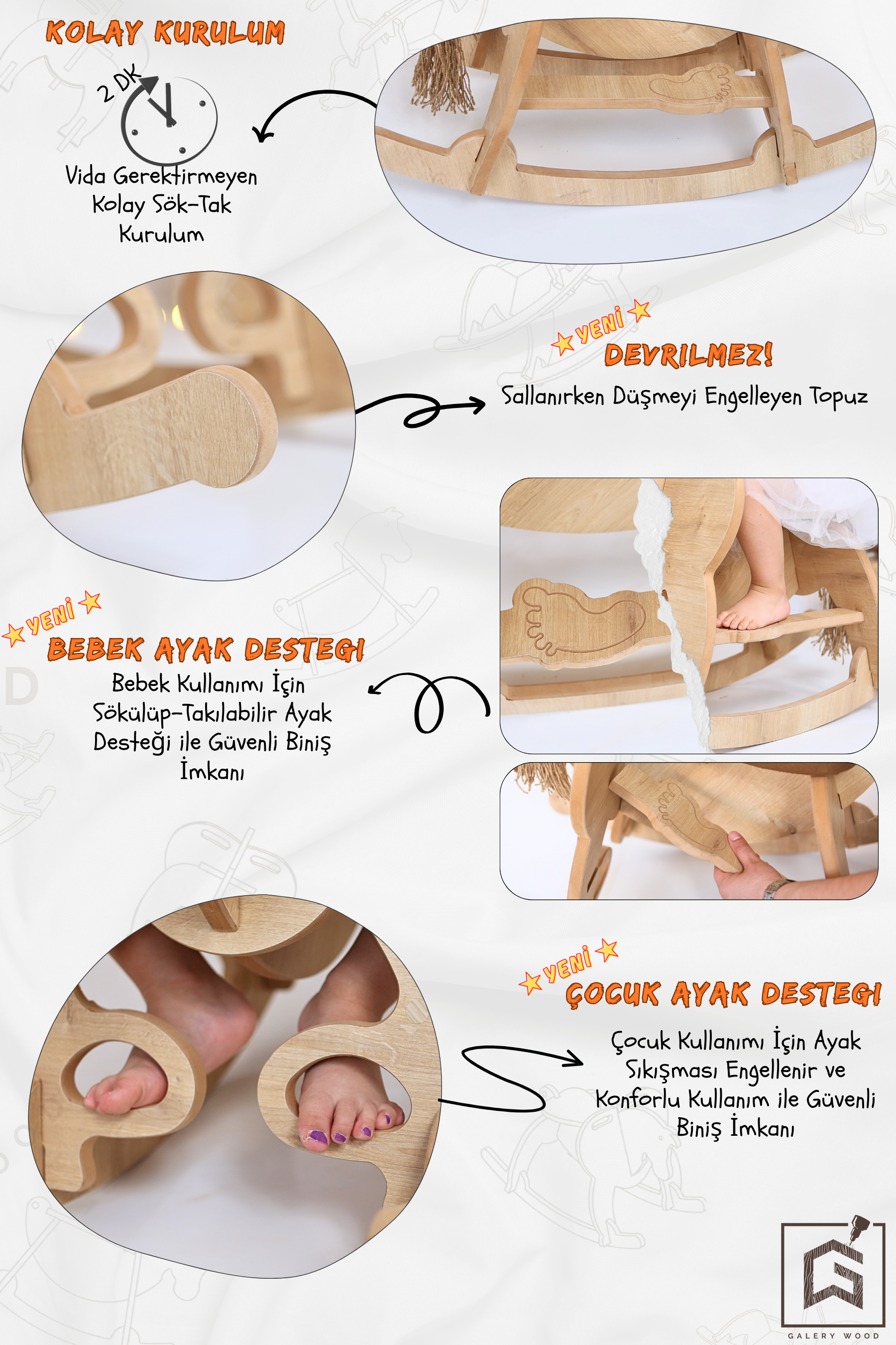 Galery Wood® Ahşap Sallanan At-Deri Koltuklu-Ayak Destekli