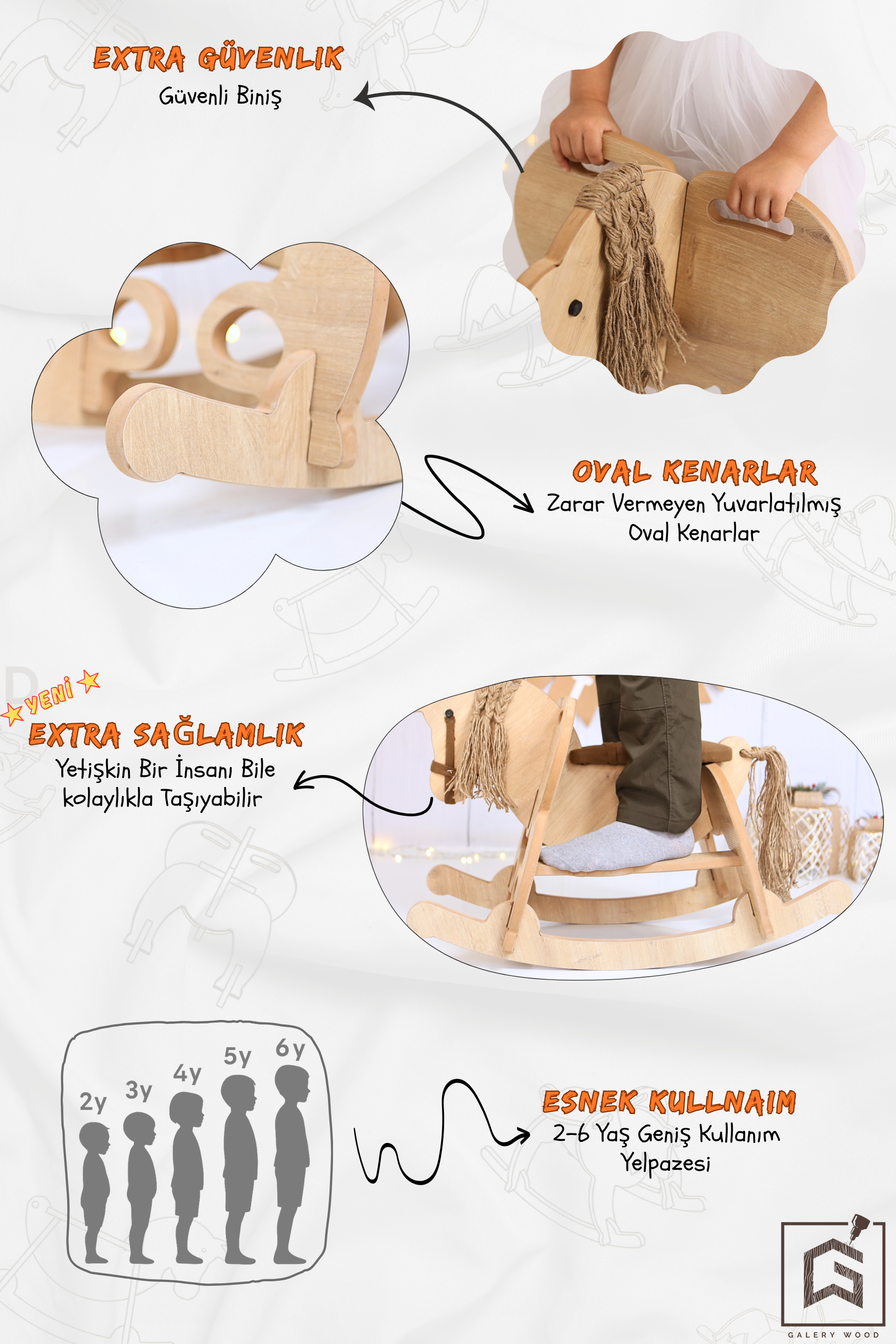 Galery Wood® Ahşap Sallanan At-Deri Koltuklu-Ayak Destekli